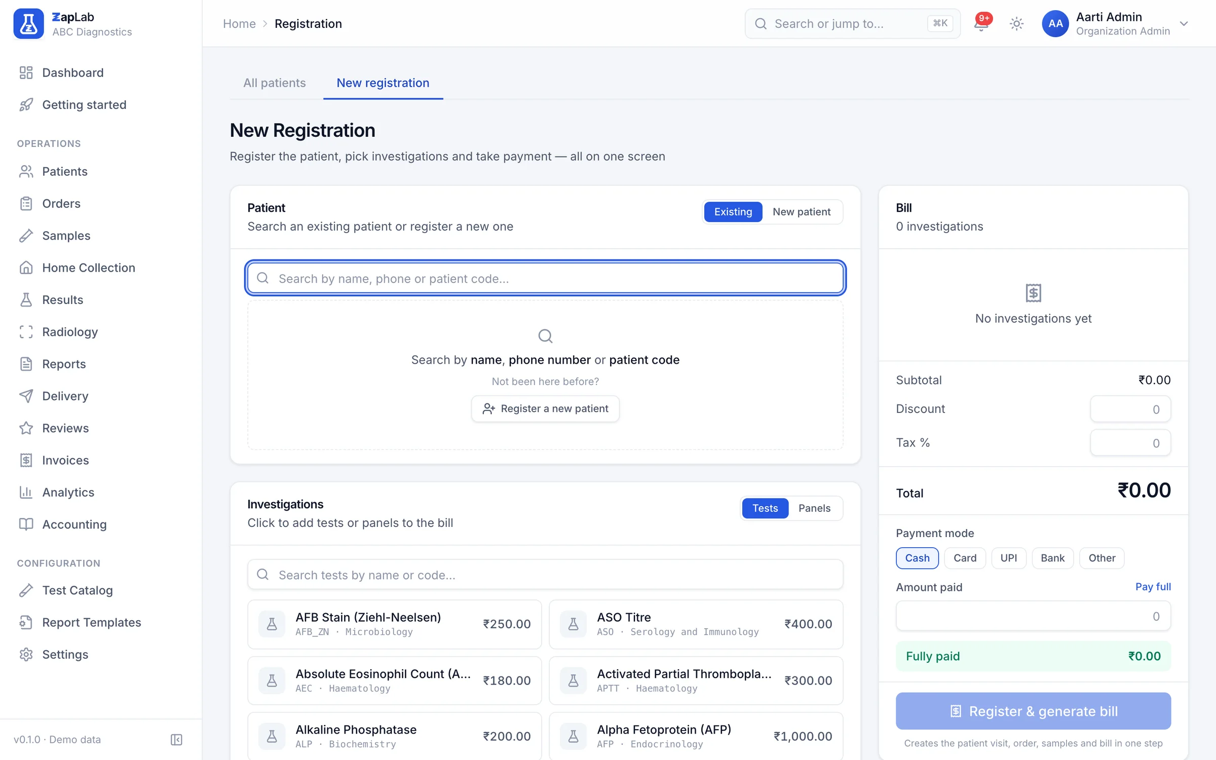 New registration screen: patient search, a test and panel picker with prices, and a bill panel with discount, tax, payment mode and amount paid